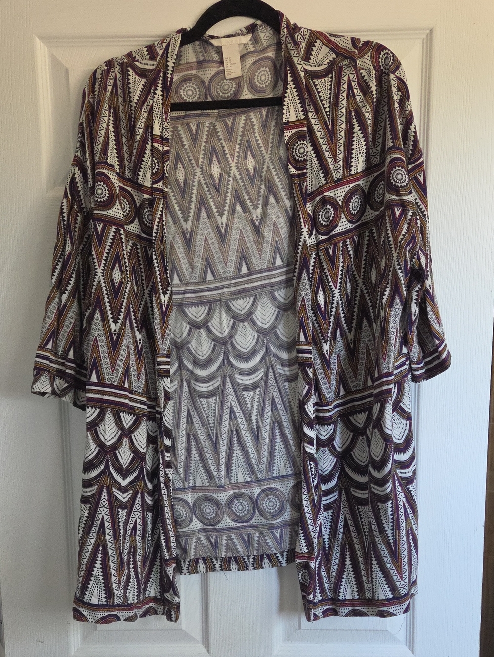 Boho Geometric Open Front Duster/ Beach Coverup/ Top - White, Purple, Brown